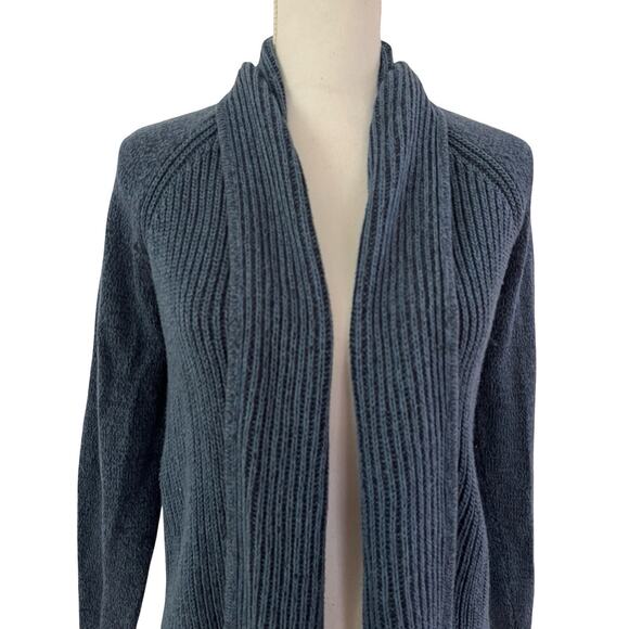 LL Bean Womens Ribbed Cotton Knit Open Front Shawl Cardigan Size S Blue Preppy - Picture 2 of 7